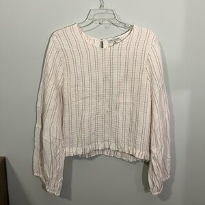 AMERICAN EAGLE White & Pink Smocked Long Sleeve Top